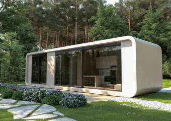 Perspective view of the Capsule Home 2 modular home with integrated interior view.