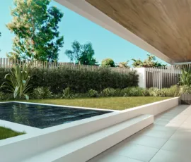 ranquil private garden and pool area visualization for our Glyfada development. Private ground floor garden with a minimalist swimming pool in Glyfada, featuring premium 3D Rendering Services in Athens.