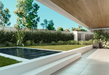 ranquil private garden and pool area visualization for our Glyfada development. Private ground floor garden with a minimalist swimming pool in Glyfada, featuring premium 3D Rendering Services in Athens.