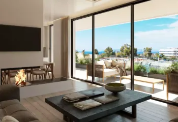 Sophisticated living area visualization at our Glyfada, Kritis street project. Cozy living room interior with a modern double-sided fireplace, showcasing high-end 3D Rendering Services in Athens for a project in Glyfada.