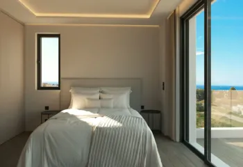 Serene master bedroom visualization for our project on Kritis street, Glyfada. Minimalist master bedroom interior design with sea view, showcasing high-end 3D Rendering Services in Athens for a residential project in Glyfada.
