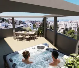 Seamless integration of comfort and design. A perfect example of our luxury terrace projects in the southern suburbs of Athens. Modern roof garden design in Alimos featuring a panoramic view, outdoor dining area, and hot tub visualization by VARC Studio.