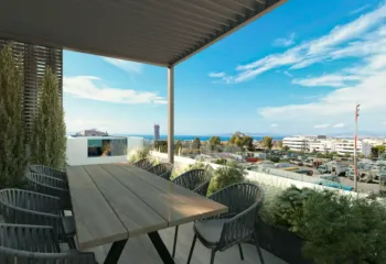 Elegant outdoor dining under the Athenian sky at our Glyfada project. Modern outdoor rooftop dining area with sea view in Glyfada, created with premium 3D Rendering Services in Athens.