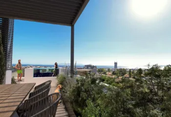 Experience the ultimate coastal lifestyle on the private rooftop of our Glyfada project. Luxury rooftop terrace with a private pool and sea view in Glyfada, showcasing high-end 3D Rendering Services in Athens.