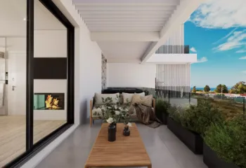 A stunning example of lifestyle architectural visualization. Our 3D Rendering Services in Athens brought this luxury terrace to life, highlighting the double-sided fireplace, the relaxation area with the jacuzzi, and the breathtaking views of the Athenian Riviera landscape. Luxury terrace with integrated fireplace and outdoor jacuzzi in Glyfada, showcasing high-end 3D Rendering Services in Athens by VARC Studio.