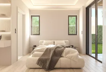 Symmetry and serenity in our master bedroom design for the Glyfada residence. Frontal view of a minimalist master bedroom with a garden view, featuring high-end 3D Rendering Services in Athens by VARC Studio.