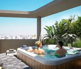Detail-focused 3D rendering of an urban retreat. Bringing architectural concepts to life for elite residential projects High-performance 3D visualization of a modern penthouse terrace with jacuzzi in Athens, designed by VARC Studio.