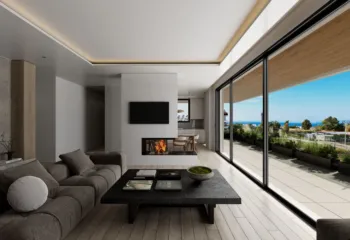 A breathtaking panoramic view of the living area and terrace at our Glyfada project. Panoramic interior architectural visualization using high-end 3D Rendering Services in Athens for a residence in Glyfada.
