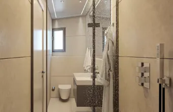 Interior architectural visualization of the Papandreou Famar loft in Alimos, highlighting the modern bathroom design, walk-in shower, and minimalist vanity, rendered by Varc Studio.