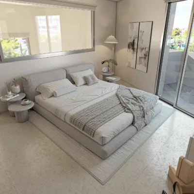 Interior architectural visualization of the Papandreou Famar loft in Alimos, highlighting the master bedroom and minimalist design, rendered by Varc Studio.