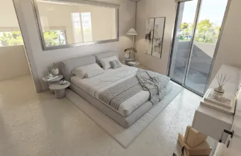 Interior architectural visualization of the Papandreou Famar loft in Alimos, highlighting the master bedroom and minimalist design, rendered by Varc Studio.