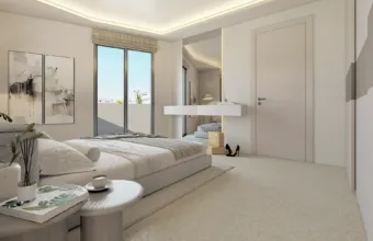 Interior architectural detail of the Papandreou Famar loft in Alimos, highlighting the master bedroom lighting and layout, rendered by Varc Studio.