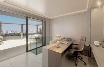 Interior architectural visualization of the Papandreou Famar loft in Alimos, highlighting the home office space and roof garden access, rendered by Varc Studio.
