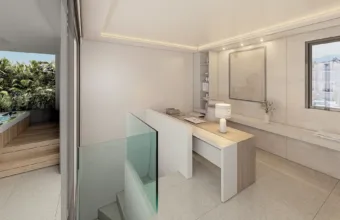 Interior architectural visualization of the Papandreou Famar loft in Alimos, highlighting the home office layout and adjacent terrace with jacuzzi, rendered by Varc Studio.
