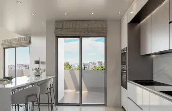 Interior architectural visualization of the Papandreou Famar loft in Alimos, highlighting the kitchen layout and modern finishes, rendered by Varc Studio.