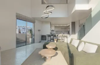 nterior architectural visualization of the Papandreou Famar loft in Alimos, highlighting the open-plan living area design, rendered by Varc Studio.