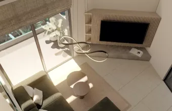 Interior architectural detail of the Papandreou Famar loft in Alimos, highlighting the custom TV unit and living area, rendered by Varc Studio.