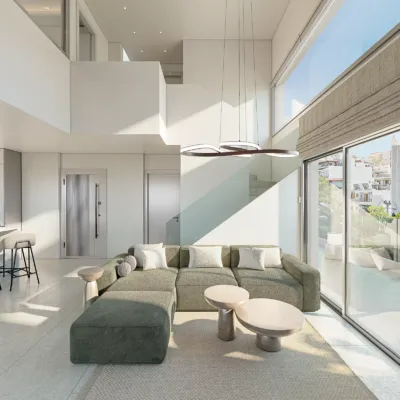 Papandreou Famar Loft: Seamless open-plan living and kitchen design in Alimos. 3D rendering Athens luxury residential project