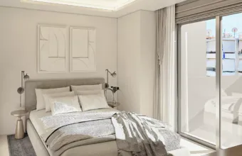 Interior architectural visualization of the Papandreou Famar loft in Alimos, highlighting the master bedroom layout and lighting, rendered by Varc Studio.