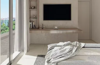 Interior architectural visualization of the Papandreou Famar loft in Alimos, highlighting the master bedroom layout, custom wall-mounted storage, and natural lighting, rendered by Varc Studio.
