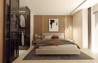 Interior architectural visualization of the Papandreou Famar loft in Alimos, highlighting the master bedroom with wooden wall paneling and custom walk-in closet, rendered by Varc Studio.