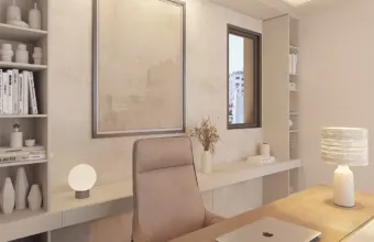 Interior architectural detail of the Papandreou Famar loft in Alimos, highlighting the home office workstation, custom shelving, and lighting, rendered by Varc Studio.