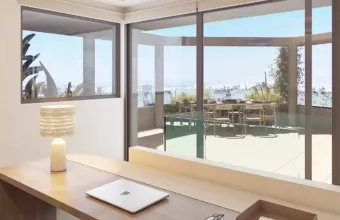 Interior architectural visualization of the Papandreou Famar loft in Alimos, highlighting the home office workstation and view towards the private roof garden, rendered by Varc Studio.