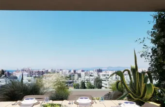 Exterior architectural visualization of the Papandreou Famar loft in Alimos, highlighting the outdoor dining area, table setting, and panoramic city views, rendered by Varc Studio.