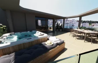 Exterior architectural visualization of the Papandreou Famar loft in Alimos, highlighting the private roof garden, luxury jacuzzi, and outdoor dining space, rendered by Varc Studio.