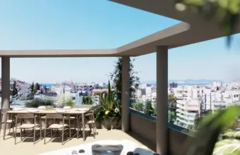 Exterior architectural visualization of the Papandreou Famar loft in Alimos, showcasing the private roof garden with a luxury jacuzzi and outdoor dining space, rendered by Varc Studio.