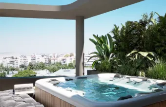 Exterior architectural visualization of the Papandreou Famar loft in Alimos, highlighting the private roof garden jacuzzi, seating, and lush landscaping, rendered by Varc Studio.