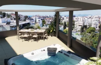 Exterior architectural visualization of the Papandreou Famar loft in Alimos, highlighting the roof garden layout, luxury jacuzzi, outdoor dining set, and panoramic city views, rendered by Varc Studio.