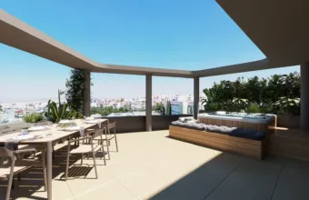 Exterior architectural visualization of the Papandreou Famar loft in Alimos, highlighting the expansive roof garden, outdoor dining area, and jacuzzi, rendered by Varc Studio.