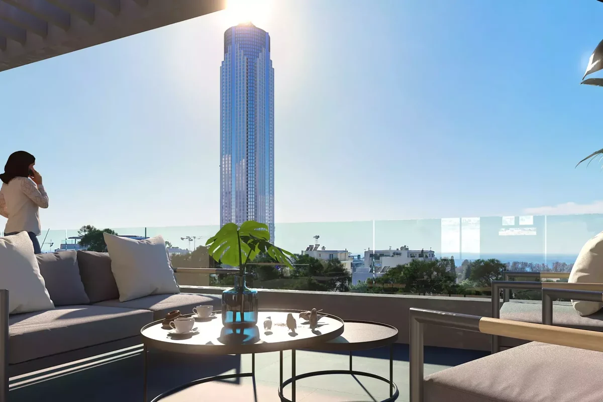 Modern pergola design and luxury balcony with Riviera Tower skyscraper view in Ellinikon by VARC