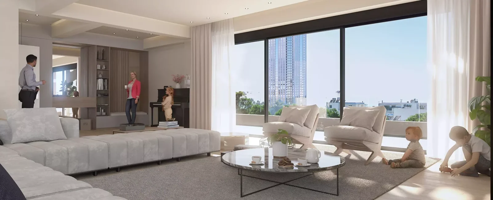 Spacious luxury living room in Elliniko by VARC Studio featuring large floor-to-ceiling windows with a direct view of the Riviera Tower minimalist furniture and natural lighting